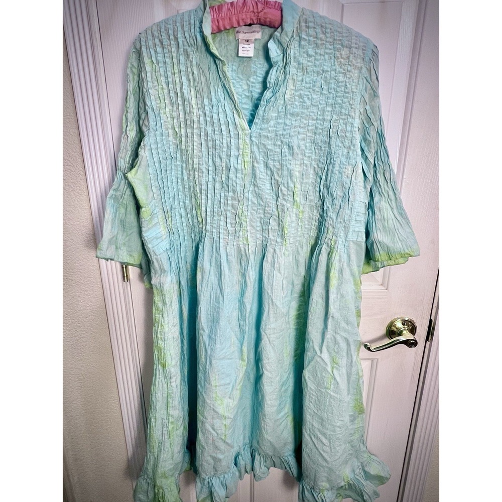 Soft Surroundings 1X Marbella Dress Pintuck Ruffled Tie Dye Womens Caftan Resort